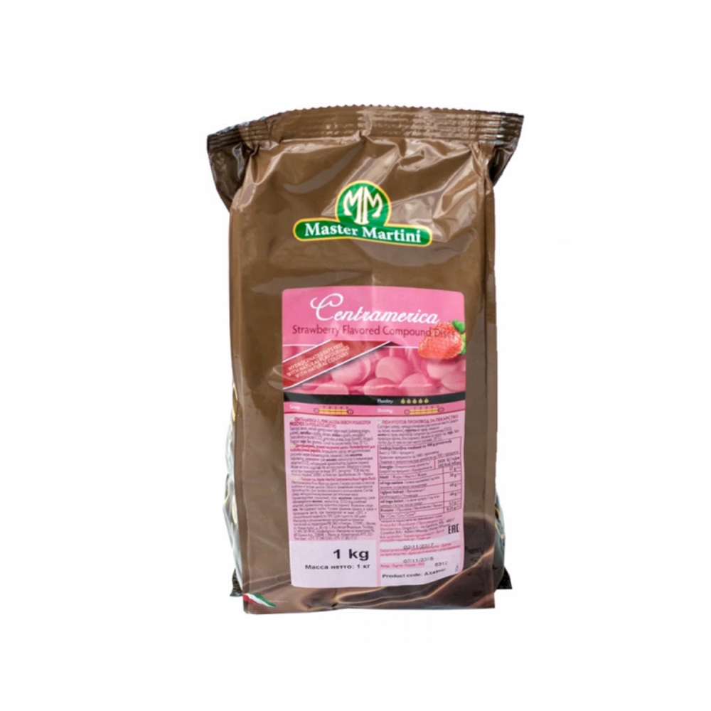 Фотография Глазурь шоколадная диски клубника Мастер Мартини 1кг кор1-10 - 1