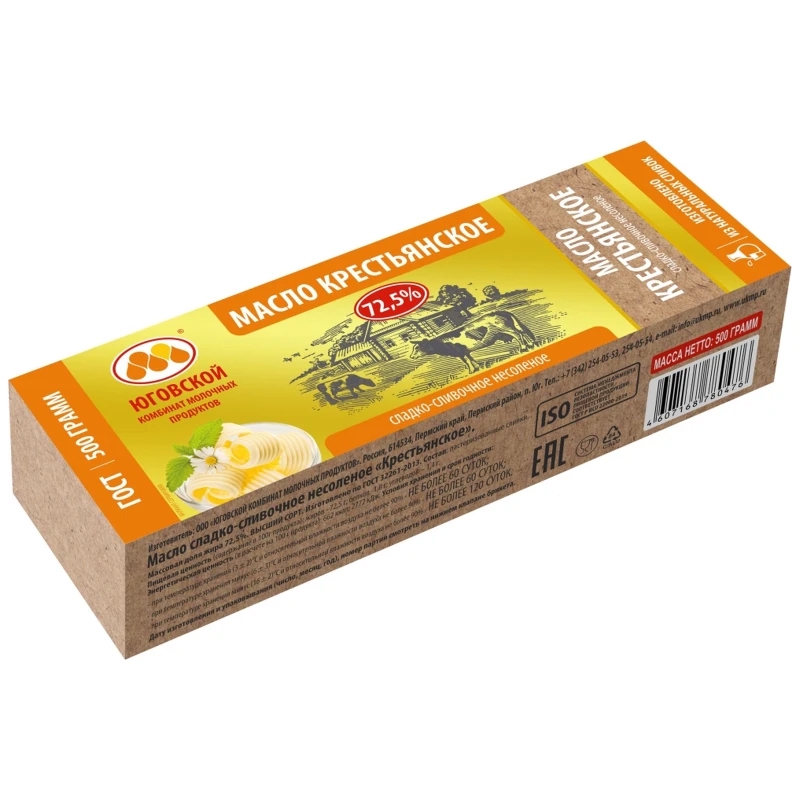 Фотография Масло сладко-сливочное несоленое крестьянское мдж72,5% 500гр кор1-10 ЮКМП - 1