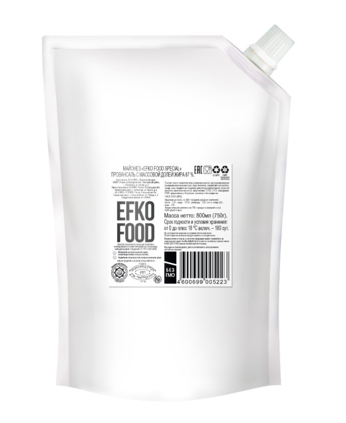 Фотография Майонез ж67% дой-пак 800мл кор1-12 Efko Food special Провансаль Россия - 1