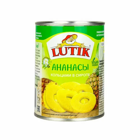 Фотография Ананасы кольца в сиропе жб об580-сух340гр кор1-12 Lutik - 1