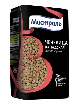 Чечевица зеленая крупная канадская 450гр упак1-12 Мистраль Россия