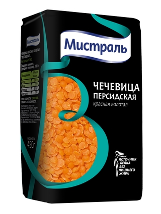 Чечевица красная колотая персидская 450гр упак1-12 Мистраль Россия