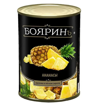 Ананасы консервированные кусочки об580-сух340 гр кор1-12 Бояринъ